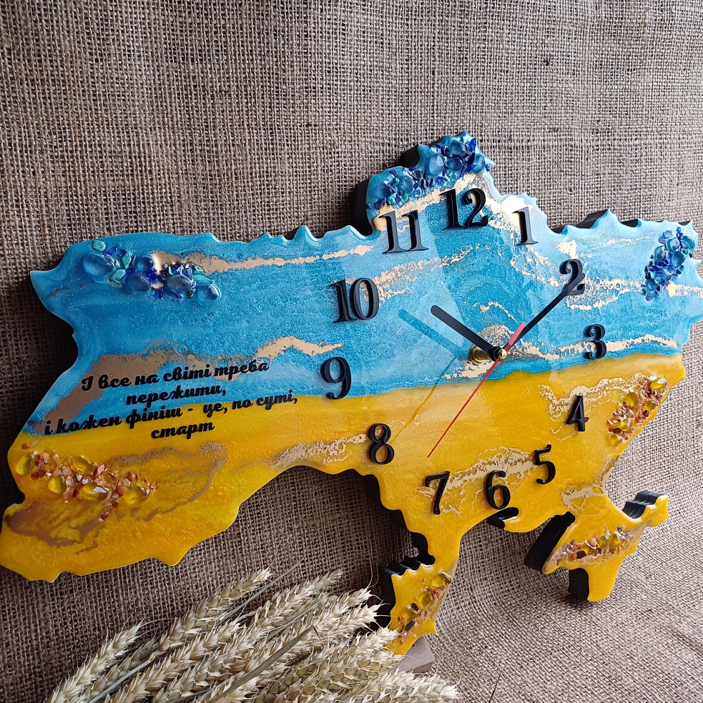 Настінний годинник з епоксидної смоли ручної роботи "Карта України" 70х45 см Дніпро - фото 1