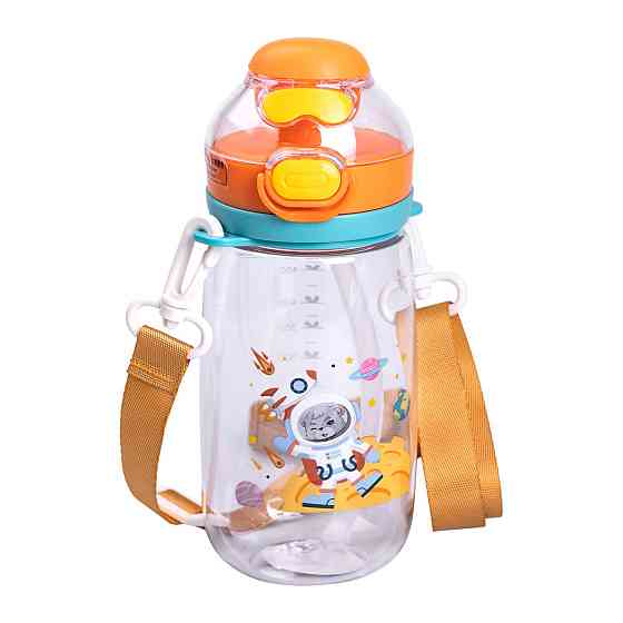 Yiwu Пляшка для води дитяча 550 мл з ремінцем і трубочкою для спорту та школи 20 см Помаранчева Коломия