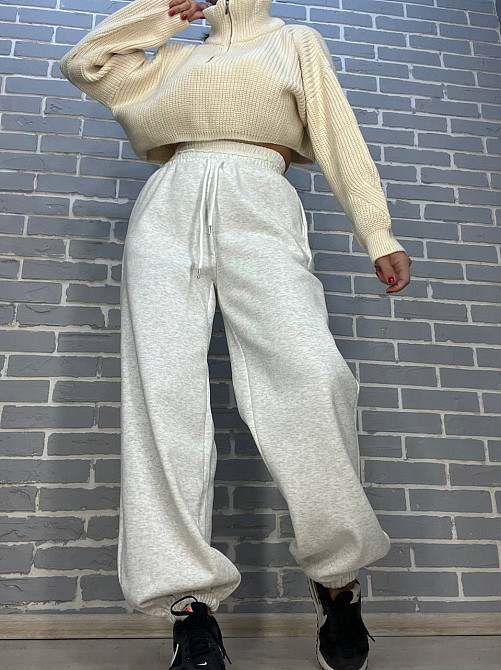 Штаны женские W 6632 спортивные джоггеры утепленные двойная белая резинка на талии светло серые, светло-серый, M Киев - изображение 1
