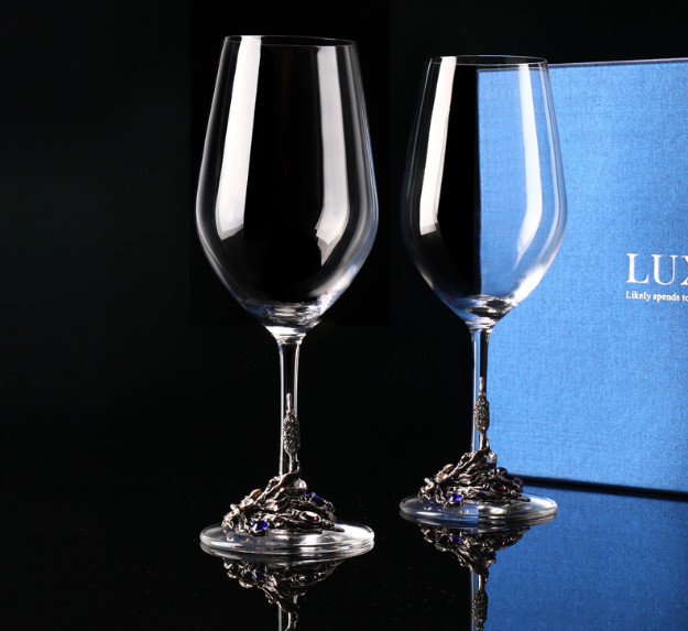 Набор подарочных бокалов для вина 470 мл х 2 шт с металлическим декором и кристаллами Старое серебро Кременчуг - изображение 1