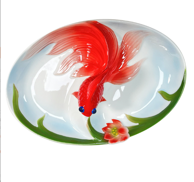 Менажница на 2 секции Золотая рыбка с лотосом 22,5 см китайский лепной костяной фарфор Кременчуг - изображение 3