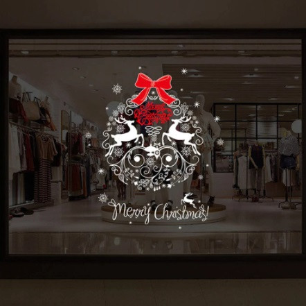 Новогодняя виниловая наклейка на окна Олени 70 на 50 см бело-красный Киев - изображение 2