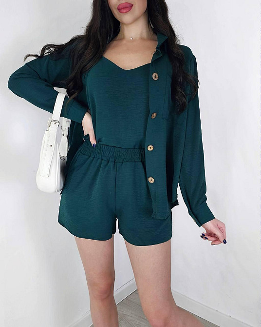 Жіночий легкий костюм-трійка: сорочка, майка та шорти креп жатка Пляшка, 44/46 Одеса - фото 1