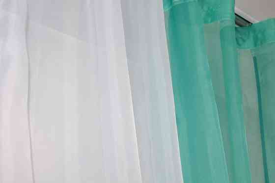 Кухонные шторы VR-Textil № 017к комбинированные с подвязками бирюзовый с белым 265х170 см (50-112) Киев