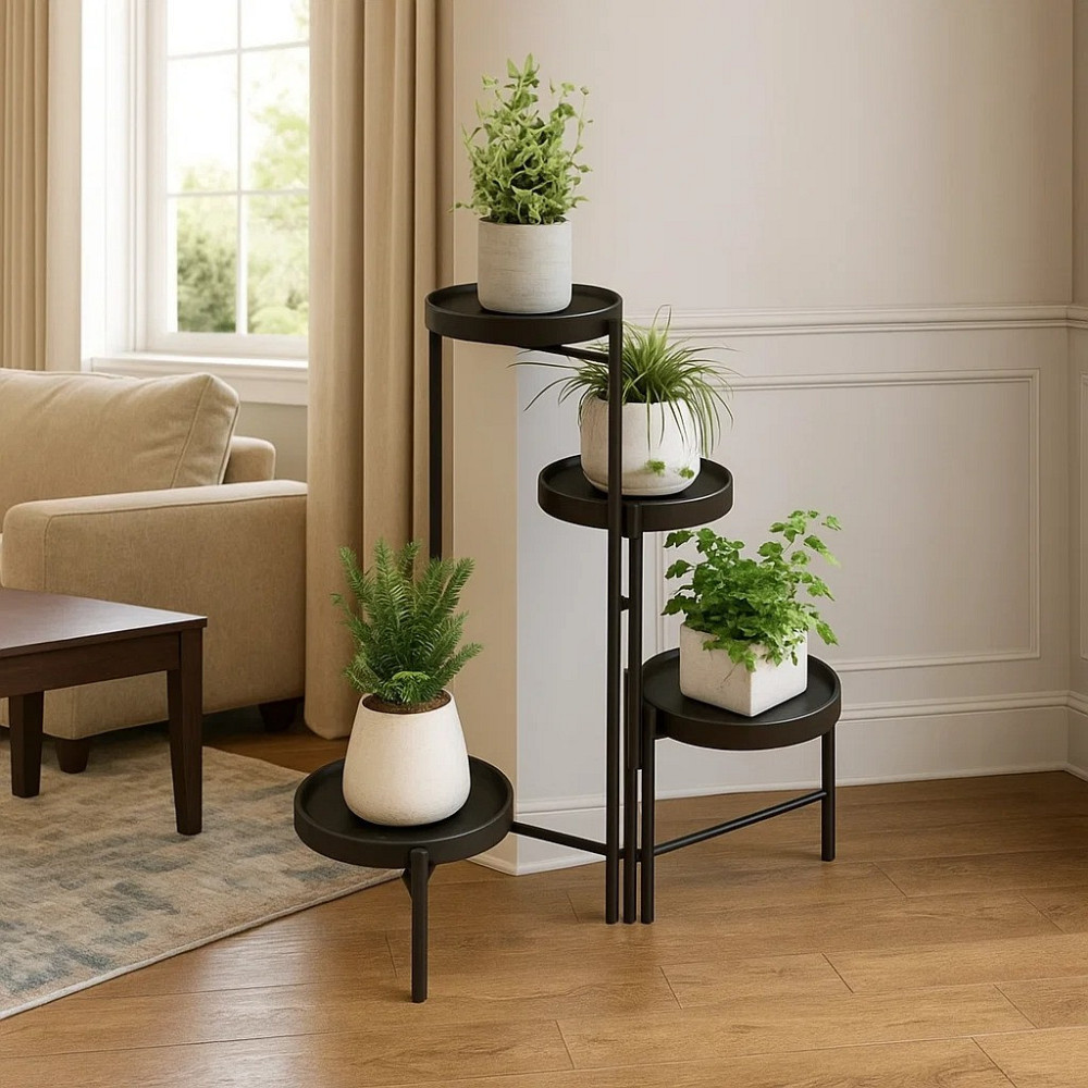 Стеллаж с полками для горшков с цветами и растениями металлический на 4 яруса цвет черный Каменец-Подольский - изображение 1