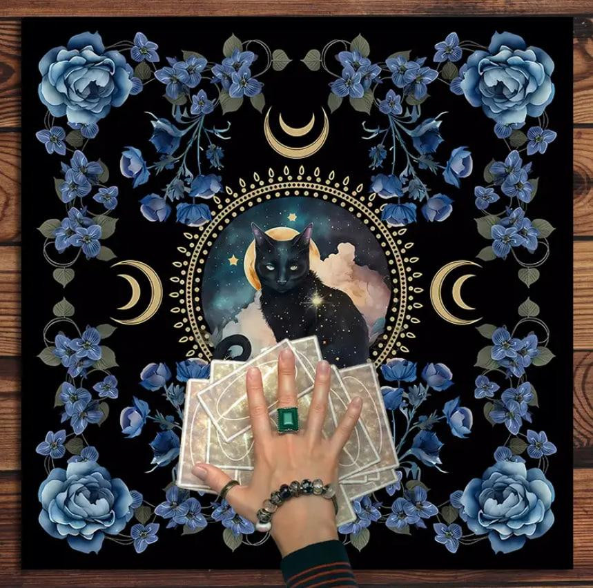 Алтарная скатерть для карт Таро и Рун. Скатерть для гадания 50*50 см. Скатерть с черным котом Киев - изображение 3
