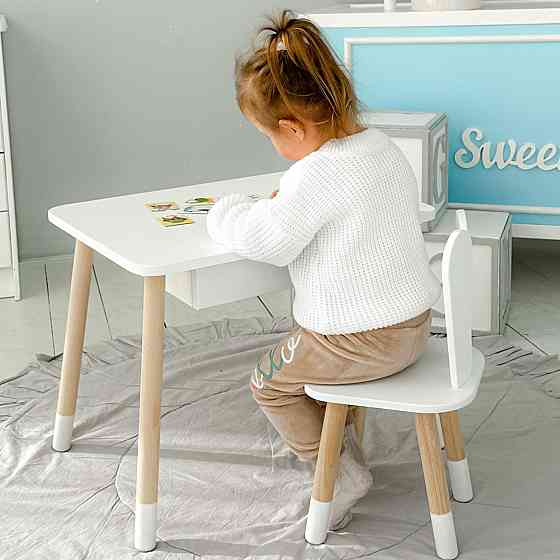Стіл прямокутний з ящиком 46х60х45 і стілець вушка кролика 26х26х24, столик та стільчик в дитячу, білий Київ