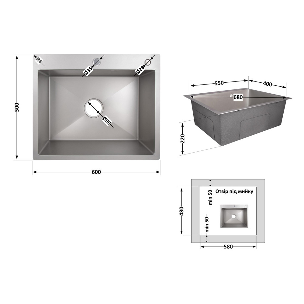Мийка для кухні інтегрована Lidz Handmade H6050G (LDH6050GPVD43622) Brushed Grey PVD 3,0/1,0 мм Київ - фото 2