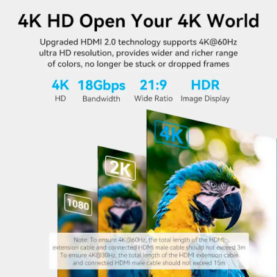 Кабель HDMI M - F (подовжувач), 2.0 м, V2.0, 4K 60Hz PVC Vention Винница - изображение 10