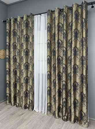 Комплект штор на люверсах VR-Textil Парча № 1776ш Бежевий з синім 155х270 см 2 шт (37-0261) Київ