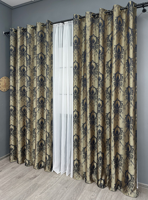 Комплект штор на люверсах VR-Textil Парча № 1776ш Бежевый с синим 155х270 см 2 шт (37-0261) Киев - изображение 4