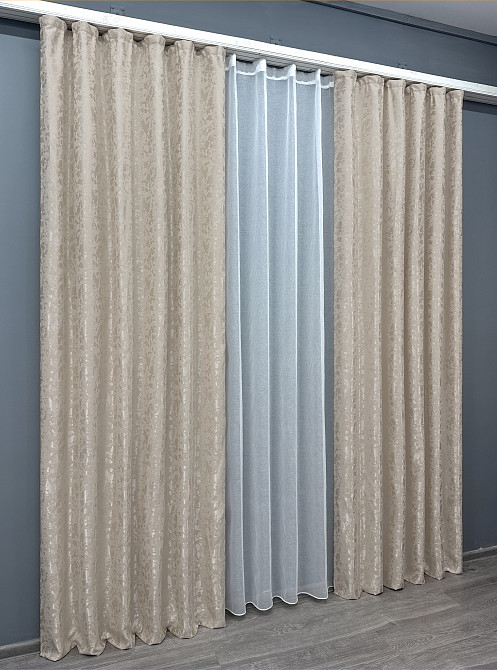 Комплект штор VR-Textil Лен Мрамор 200х270 2шт и Тюль 500х270 1767ш-1276т Бежевый с белым 71-019/6 Киев - изображение 3