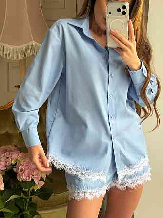 Женский стильный летний льняной костюм с кружевом Голубой, 42/46 Одесса