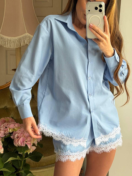 Женский стильный летний льняной костюм с кружевом Голубой, 42/46 Одесса - изображение 1