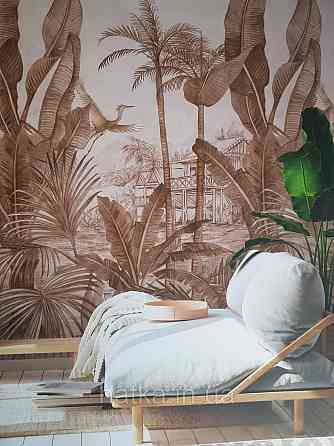 Шпалери вінілові Grandeco One roll one motif 1.59x2.8 панно пальми гілки банана коричневі на бежевому Київ