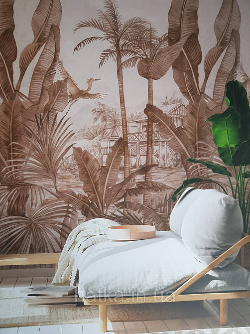Шпалери вінілові Grandeco One roll one motif 1.59x2.8 панно пальми гілки банана коричневі на бежевому Київ - фото 1