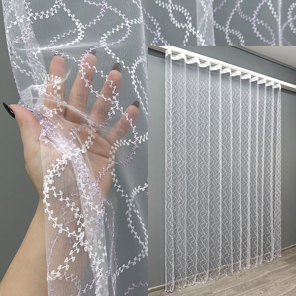 Тюль VR-Textil 1834т Фатин з вишивкою Білий з бузковим 300х270 см (40-185) Київ - фото 1