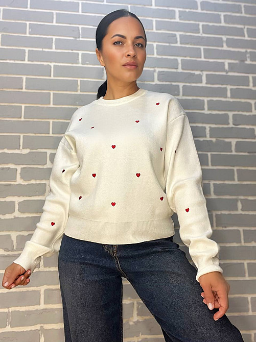 Светр жіночий A-N 7075 оверсайз широкий вишиті серця, білий, one size Київ - фото 11