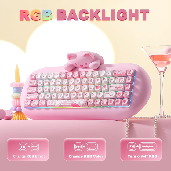 Механічна клавіатура YUNZII C68 Cute Cat 65% RGB, Bluetooth/2.4G/USB-C, Hot Swap, Milk Switch, рожева Київ