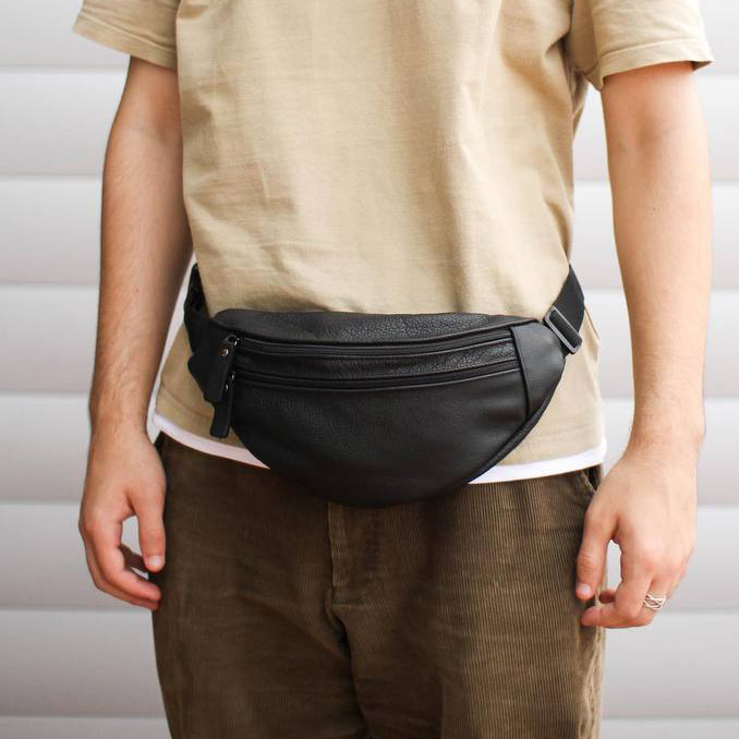 Чорна зручна бананка чоловіча, Чоловіча бананка з ремінцем на плече Барсетка-бананка шкіряна ON-38 Івано-Франківськ - фото 3