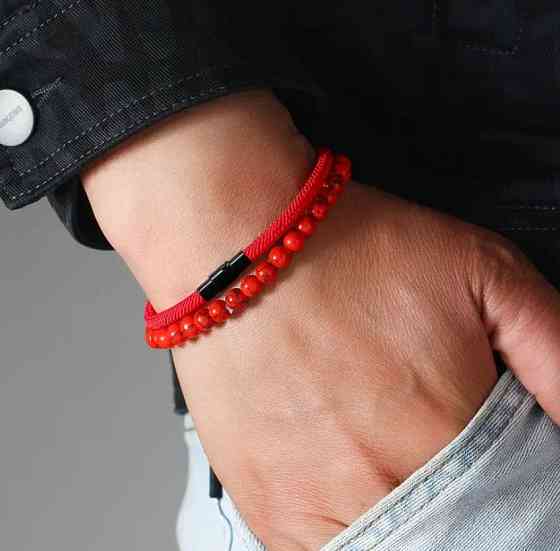 Набор красных браслетов – шнур и бусины 6 мм, унисекс, 2 шт Киев