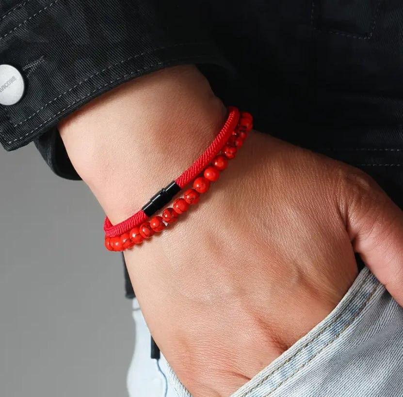 Набор красных браслетов – шнур и бусины 6 мм, унисекс, 2 шт Киев - изображение 1
