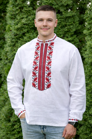 Чоловіча вишиванка лляна біла з довгим рукавом традиційна, класична, вишиванки чоловічі, сорочка вишита чоловіча етнічна льон 62 Київ