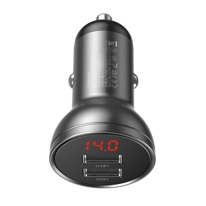Автомобільний зарядний пристрій Baseus Digital Display Dual USB 4.8 A Car Charger 24 W CCBX-0G (Сірий) Миколаїв - фото 4