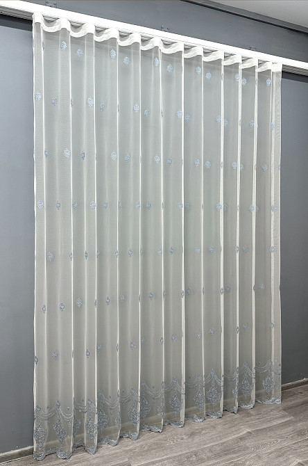 Тюль VR-Textil 1657т Грек-сетка с вышивкой и люрексом Молочный с серо-голубым 300х270 см (42-0661) Киев - изображение 3