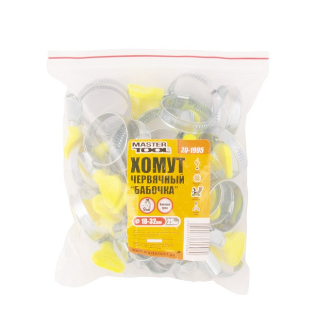 MASTERTOOL Хомут черв'ячний MASTERTOOL German type "Метелик" W1 DIN 3017 9.0 мм Ø 18-32 мм 25 ш Коломия - фото 3