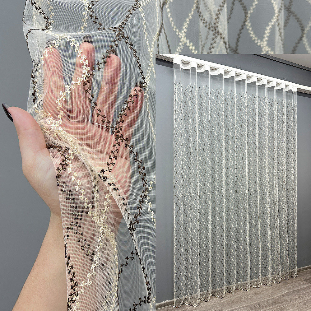Тюль VR-Textil 1837т Фатин с вышивкой и люрексом Молочный с венге 300х270 см (40-191) Киев - изображение 1