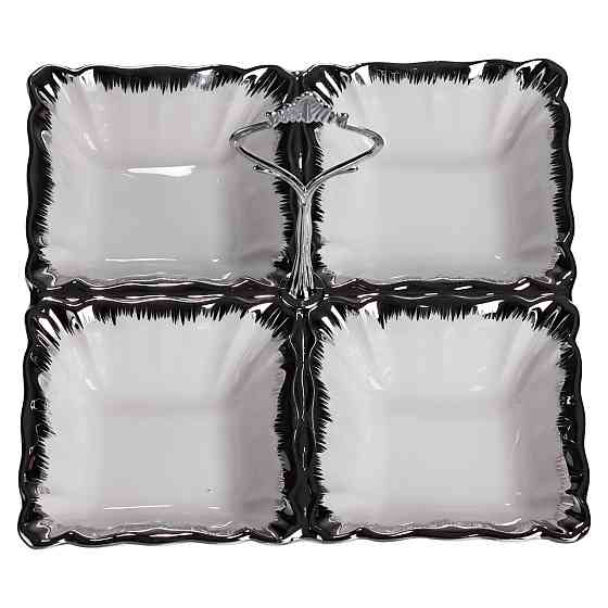 Yiwu Менажниця порцелянова на 4 секції для закусок 18×18×3 (см) з ручкою Білий з сріблом LC-BYL Коломия