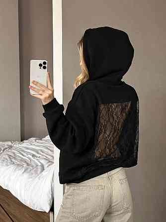 Жіноча стильна тепла худі з відкритою спиною трьохнитка пеньє на флісі та мереживо Одеса