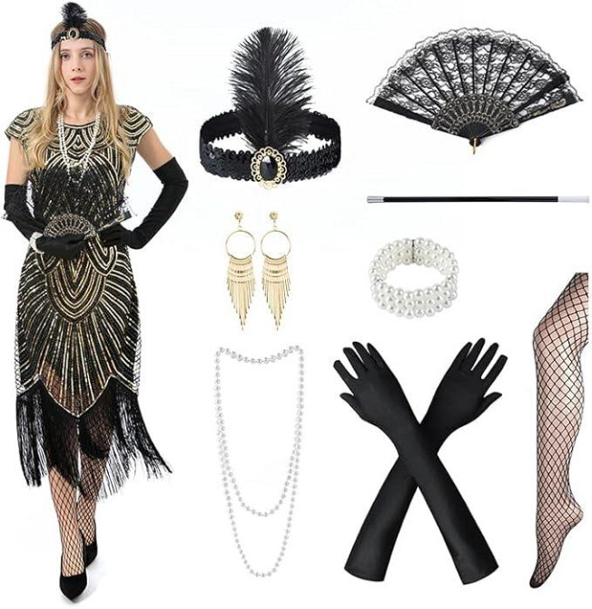 Сукня в стилі 20-х Гетсбі з паєтками бахромою перчатками аксесуарами, жіночий ретро образ для карнавалу, вечірок, Хелловіну Київ - фото 1