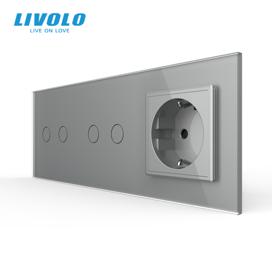 LIVOLO Сенсорний вимикач 4 сенсора (2-2) 1 розетка Livolo сірий скло (VL-C702/C702/C7C1EU-15) Коломыя