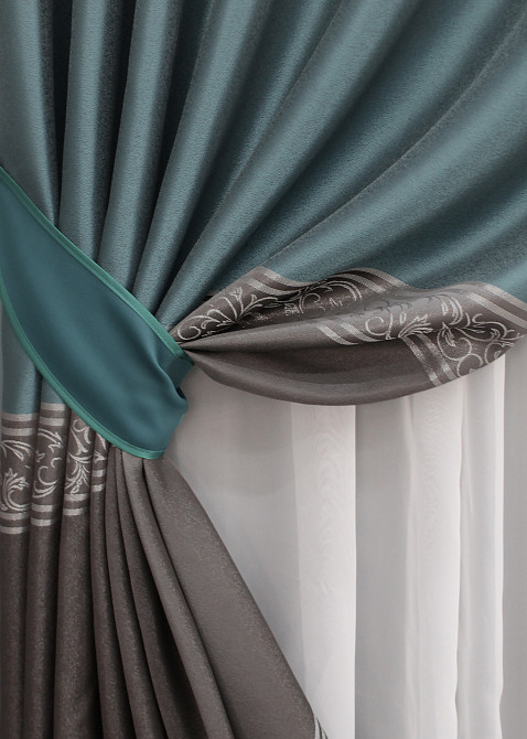 Комплект готовых штор VR-Textil ANZIO № 1465ш Бирюзовый с графитовым 140х290 см 2 шт (33-0332) Киев - изображение 5