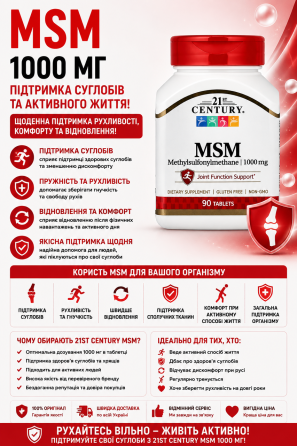 МСМ (Метилсульфонілметан) 21st Century MSM 1000 mg 90 таб Київ