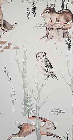 Шпалери флізелінові еко Rasch Kids World 0.53х10 дитячі ведмеді зайці совки дерева на білому Київ