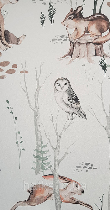 Шпалери флізелінові еко Rasch Kids World 0.53х10 дитячі ведмеді зайці совки дерева на білому Київ - фото 2