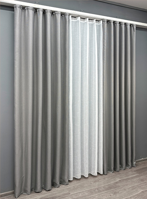Комплект штор VR-Textil Льон Мішковина 200х270 2шт і Тюль 600х270 867ш-115т світло-сірий з білим 71-060/7 Київ - фото 3