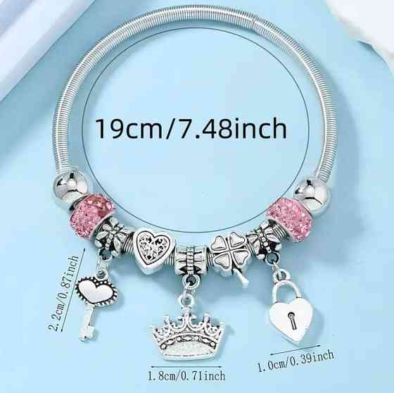 Браслет с шармами «Сердце, Корона и Конюшина» – серебристый с розовыми бусинами Киев
