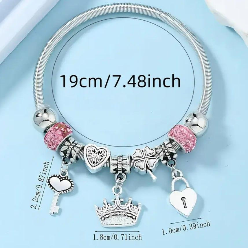 Браслет с шармами «Сердце, Корона и Конюшина» – серебристый с розовыми бусинами Киев - изображение 3