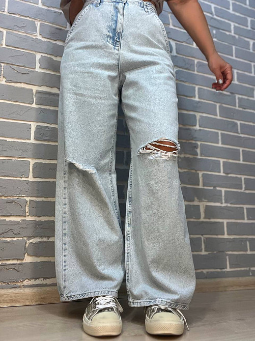 Джинсы женские Its Basic 3050 Wide Leg косые карманы швы позади широкие порезы на коленях, голубой,  Одесса - изображение 4