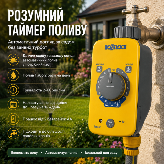 Таймер поливу Hozelock Sensor Controller Plus 2214, автоматичний контролер поливу на кран, датчик сходу та заходу сонця Київ