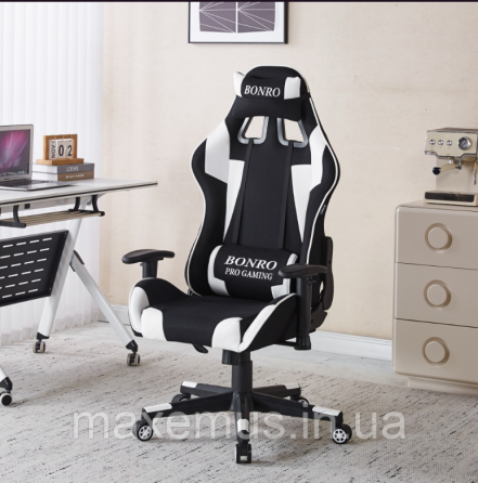 Компьютерное кресло для геймера из ткани с регулировкой подлокотников кресло геймерское B-142 черно-белое Мостиска