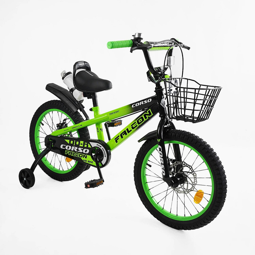Велосипед Corso Falcon двоколісний 18 дюймів з додатковими колесами кошик дзвіночок Зелений (FL-18057) Чернигов - изображение 1