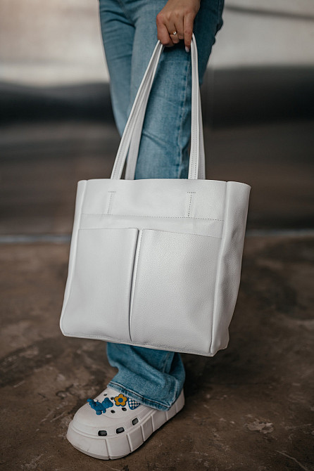 Сумка тоут кожаная большая женская Юта Белая 28*30*12 см, сумка шопер бела стильная с карманамиMasterSem Киев - изображение 4