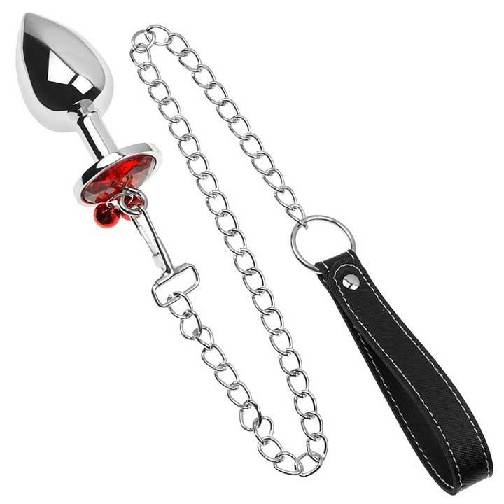 Металлическая анальная пробка с поводком - Красный - 4*9,4 см – Анальные игрушки Винница - изображение 1