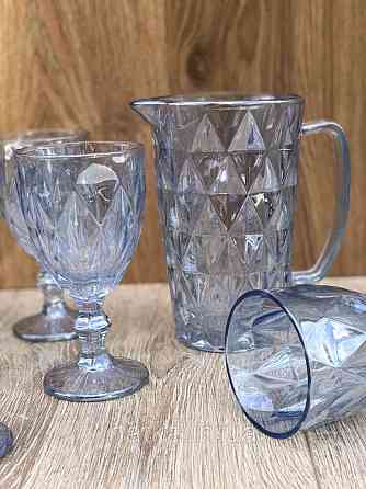 Набір 6 шт. келихів + глечик 1 л. «Дзеркальний Смарагд» 300 мл блакитний колір Київ