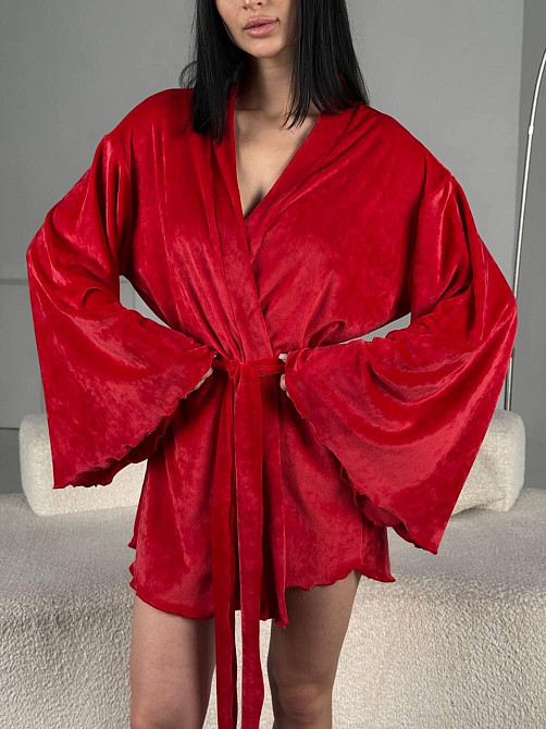 Женский домашний велюровый мини халат плюш велюр Красный, 48/52 Одесса - изображение 1
